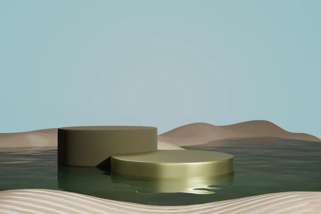 A gold object floating on top of a body of water